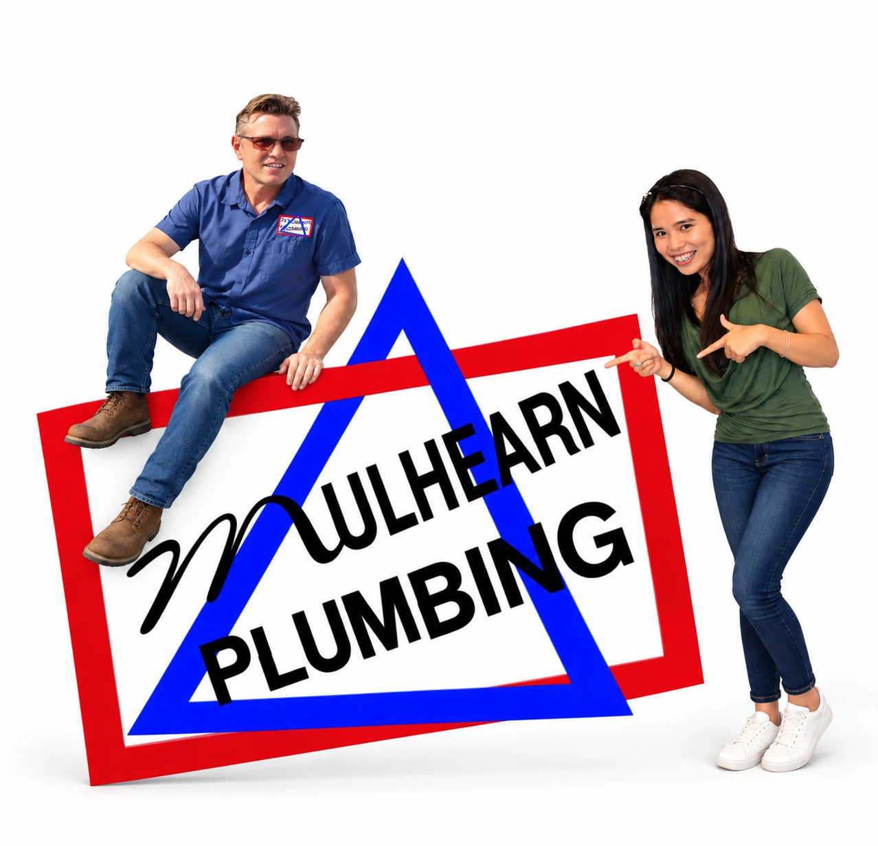 David sitting on the Mulhearn Plumbing logo, with the woman pointing toward it